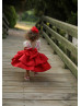 Red Fluffy Beaded V Back Flower Girl Dress